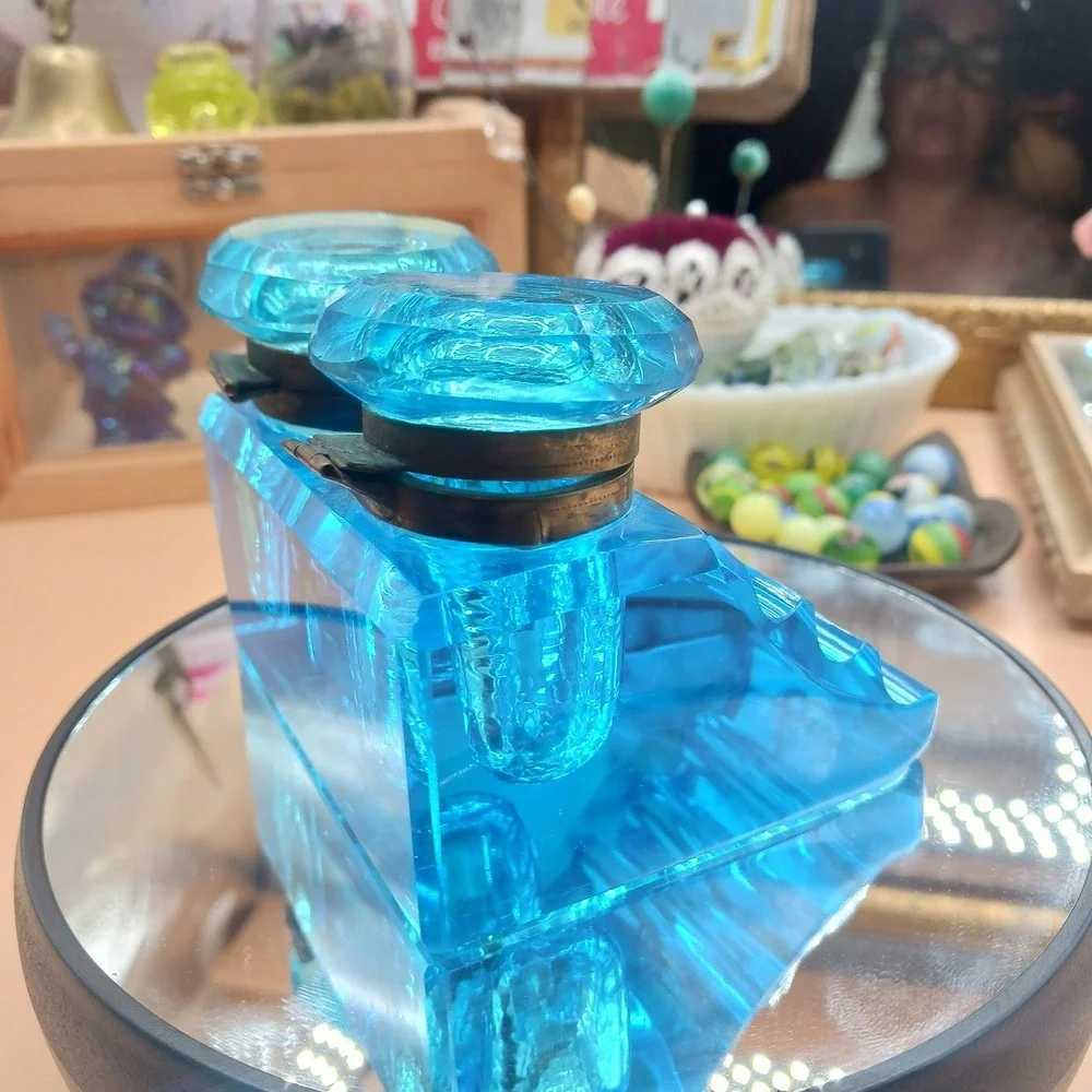Antique Peacock Blue Glass DOUBLE Inkwell, Late 19th Century Victorian Desk